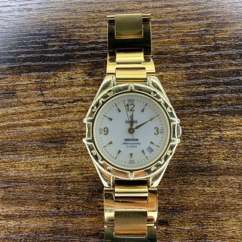 Vintage Russian Rekord Standart 23 Jewel Automatic Date Mens Watch Gold Tone